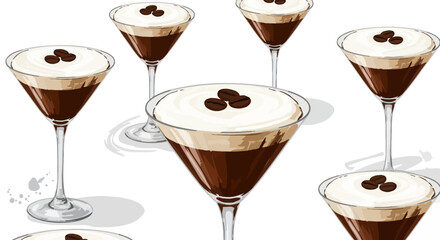 Elegant espresso martini cocktails with foamy cream and coffee beans seamless pattern background