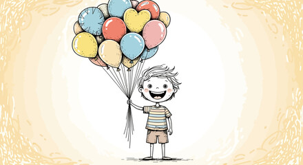 Illustration of a cheerful boy holding a bunch of colorful balloons in a whimsical style