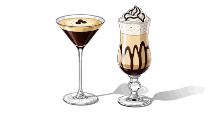 Artistic depiction of espresso martini and layered dessert cocktail with unique stylized