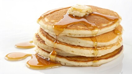 Stack of golden brown pancakes with melting butter and dripping syrup
