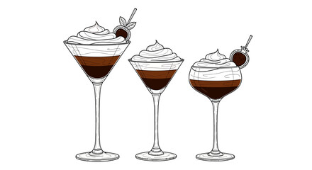 Elegant cocktail sketch displaying varied shapes and dessert toppings creates a captivating visual