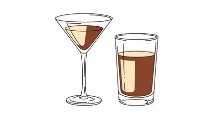 Hand Drawn Line Art Depiction of a Chocolate Cocktail and Highball Drink for Graphic Design Projects