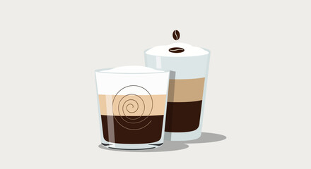 Delicious coffee indulgence: Two stylized latte glasses in soft focus and delicate illustration