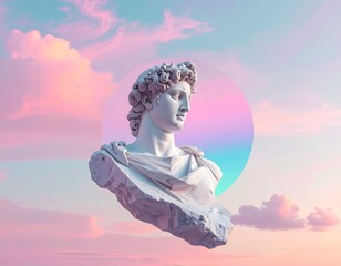 Surreal Marble Bust with Rainbow Circle in Pastel Sky