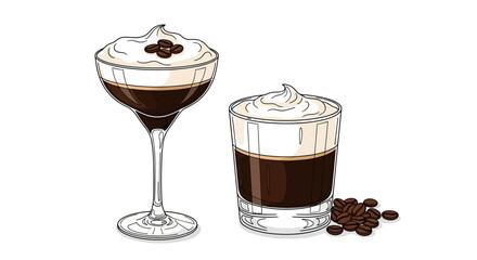 Elegant drawing featuring two servings of luscious coffee drinks in different glassware