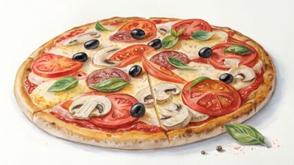 Watercolor pizza with tomatoes mushrooms olives and basil