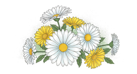 Floral illustration featuring cheerful daisies and golden dandelions in a charming bouquet