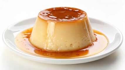 Creamy caramel pudding dessert on white plate custard