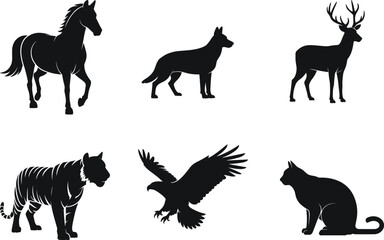 Wild animals silhouette vector illustration, horse, dog, deer, tiger, eagle, cat design, wildlife concept, animal shapes, nature artwork