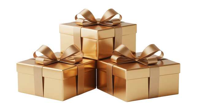 Christmas three golden gift boxes with ribbons isolated on transparent background, perfect for christmas or any special occasion celebration