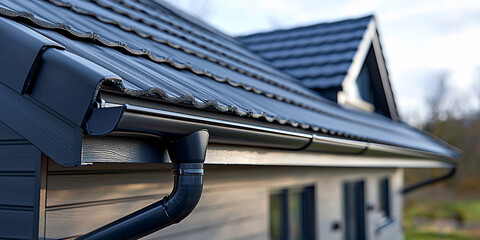 Sleek black roof gutter details near a modern house Generative AI