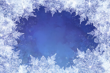 Elegant winter background with intricate white snowflakes on blue for seasonal designs
