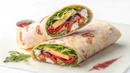 Two halves of a chicken and vegetable wrap sandwich