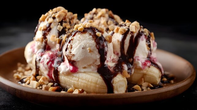 A decadent banana split dessert topped with vanilla ice cream chocolate syrup and chopped nuts on a wooden plate - Powered by Adobe