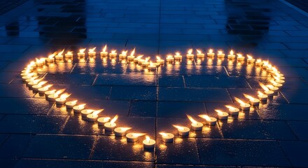 Heart of glowing candles on dark ground, a solemn memorial honoring Road Traffic Victims, symbolizing remembrance and advocating for road safety
