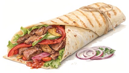 Watercolor Shawarma Wrap with Grilled Meat and Fresh Vegetables