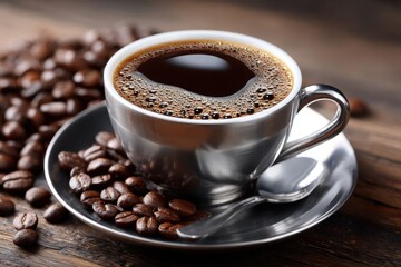 Fototapeta premium Freshly Brewed Coffee with Coffee Beans on Rustic Wood