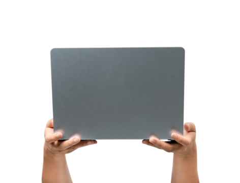 A person's hands holding and using a modern, thin silver laptop with a blank white screen (mockup). Isolated on a white background, emphasizing technology, online work, digital communication, and port