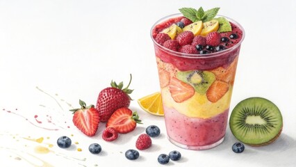 Rainbow layered fruit smoothie in clear cup with fresh berries