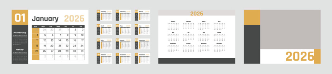 2026 calendar. Planner calendar template. Yearly stationery organizer. The week starts Monday. Table schedule grid with 12 months. Corporate monthly diary layout. Vector illustration