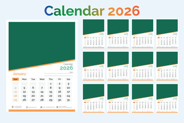 2026 Spanish calendar. Planner template. Week starts Monday. Calender layout with 12 month. Yearly table organizer. Desk schedule grid. Horizontal monthly diary with pages