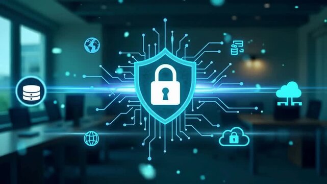 Cybersecurity data protection animation with digital lock shield, secure network connection, and futuristic technology background &ndash; abstract ai privacy and cyber defense video