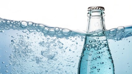 Clear glass bottle submerged in blue sparkling water