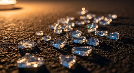 Shattered glass on a dark, textured road, bathed in a melancholic glow, serving as a poignant reminder of the profound impact on Road Traffic Victims