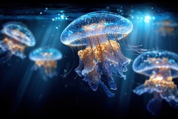 Bioluminescent Jellyfish Floating in Dark Ocean Depths
