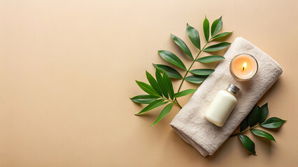 Spa relaxation with candle lotion and green leaves on a towel