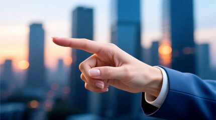 Female Business Hand Pointing Forward Leadership Gesture, Strategic Direction, Confident Executive, Blue Orange Skyline, 8K