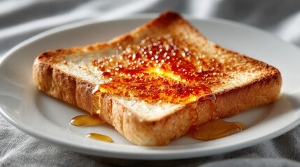 Toasted Bread Slice with Honey Drizzle on White Ceramic Plate