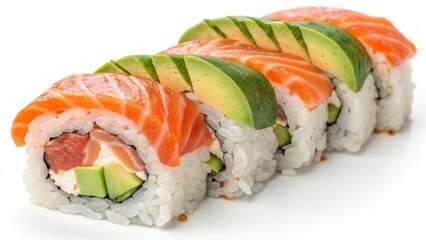 Salmon Avocado Sushi Rolls White Background rice nori