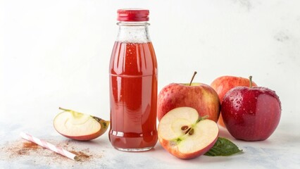 Red apple juice in glass bottle with fresh apples red apples