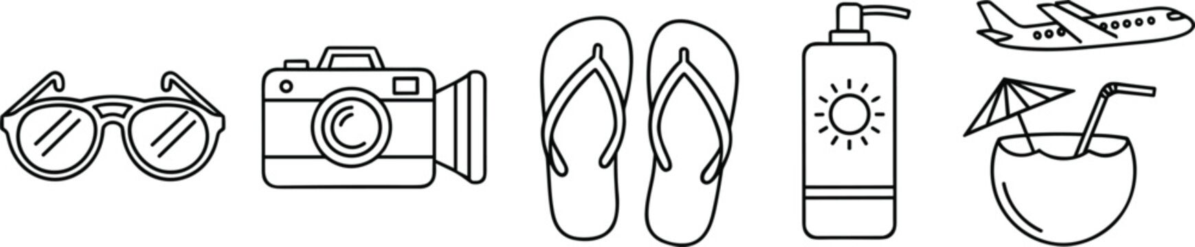 Line Art Vector Icons of Summer Holiday Essentials and Beach Activities.
