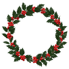 Elegant Christmas Wreath With Red Berries Isolated on Transparent PNG Background.