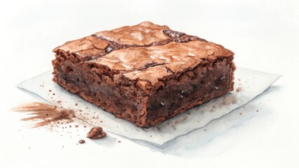 Watercolor brownie with cocoa powder on white paper