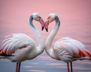 Two elegant flamingos forming a heart shape with their necks against a soft pink sky, love concept