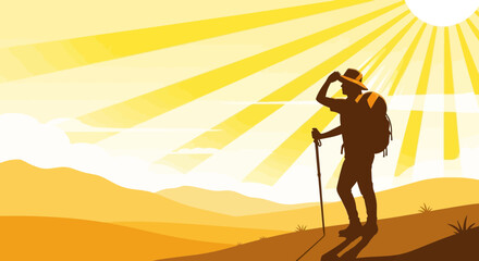 A Hiker Appreciates The Golden Landscape Under A Radiant Sun, Contemplating The View