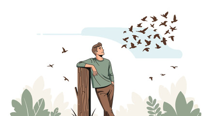A Person Contemplating The Birds' Freedom: A Moment Of Serenity And Reflection