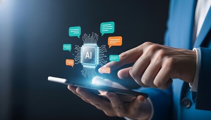Person using a smartphone with ai chip and chat bubbles representing artificial intelligence, communication and technology