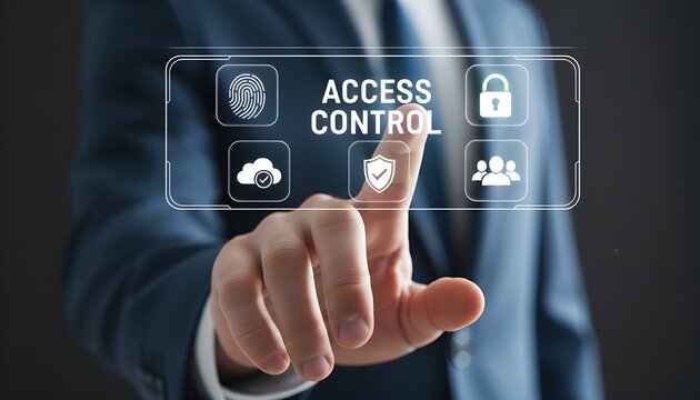 Businessman touching a screen with icons for access control, fingerprint, cloud, security and people representing digital security and authorization
