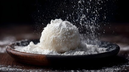 Traditional mochi dessert dusted with rice flour on a dark plate powder falling