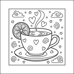 Coffee cup and beans with steam, brown breakfast beverage illustration cozy relaxation coloring pages for adults and kids