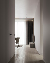 Elegant hallway with soft lighting and large windows. Simple yet stylish design with a clear pathway leading to another room.