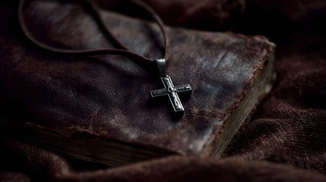 A silver cross pendant rests on the worn leather cover of an old religious book symbolizing faith and spirituality
