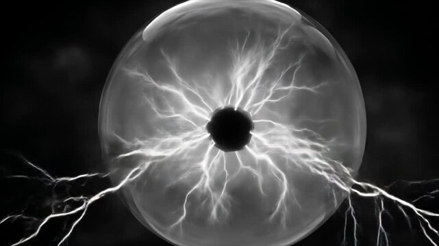 Abstract cgi of a glowing plasma sphere with electrical discharges against a dark background