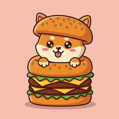 Cute Shiba Inu Dog Character Inside Giant Double Cheeseburger