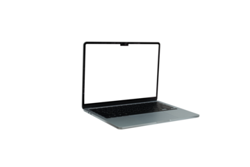 A modern silver laptop (notebook computer) standing front-on with a completely blank white screen (mockup) ready for custom text or image content. Perfectly isolated on a pure white background, ideal 
