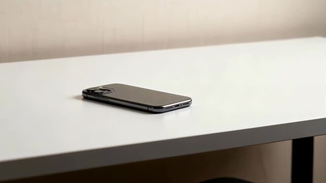 Sleek modern smartphone lying flat on a clean white desk in a dimly lit room with soft beige wall background and subtle shadow detail